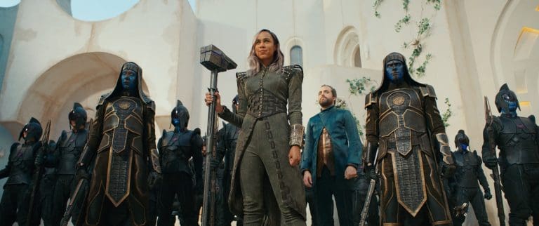 Zawe Ashton's Marvel Villain Is A Kree Accuser She's also seen wielding a cosmi-rod. That would be the large staff she carries that looks like it has an anvil on top of it.